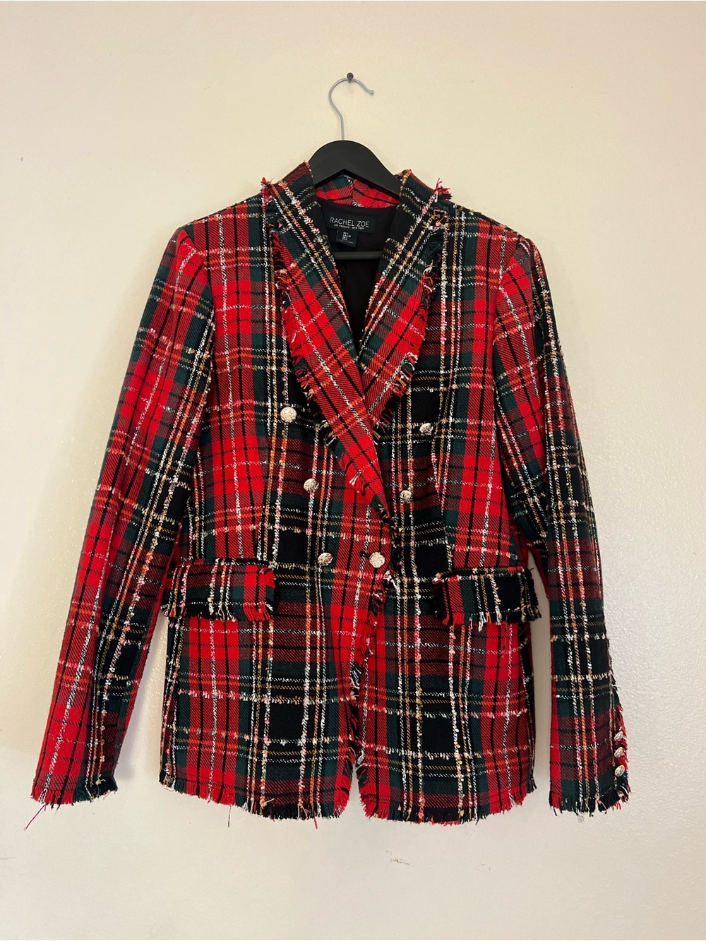 Rachel Zoe Red and Black Plaid Frayed Double-Breasted Blazer